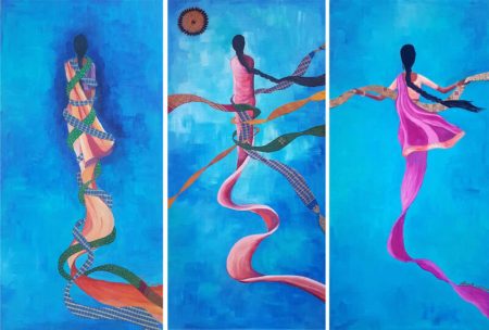 Abstract figures with colorful flowing ribbons.