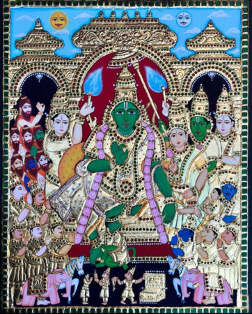 A painting of an ancient deity with many people around it.