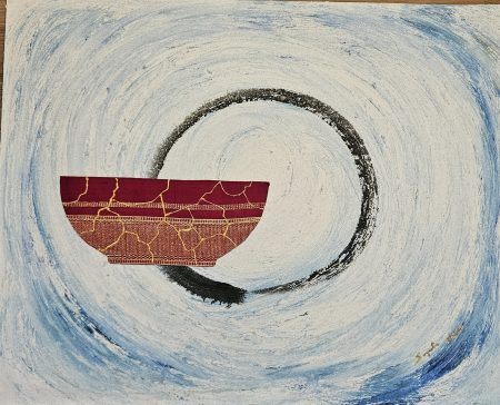 Abstract art featuring a circular brushstroke and a patterned red bowl.