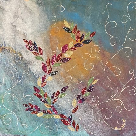 Abstract painting with swirling patterns and colorful leaves.
